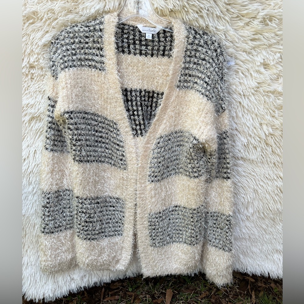 Charming Charlie  Cream and Gray Striped Fuzzy Cardigan Sweater. S / runs larger